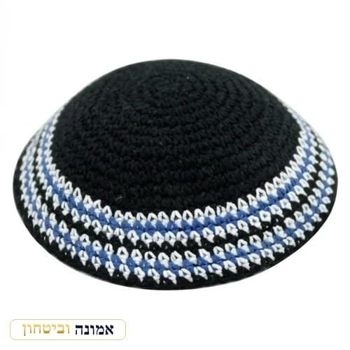 כיפה סרוגה 16 ס"מ שחור מסביב שני פסים שחור וירוק — מבט ראשי