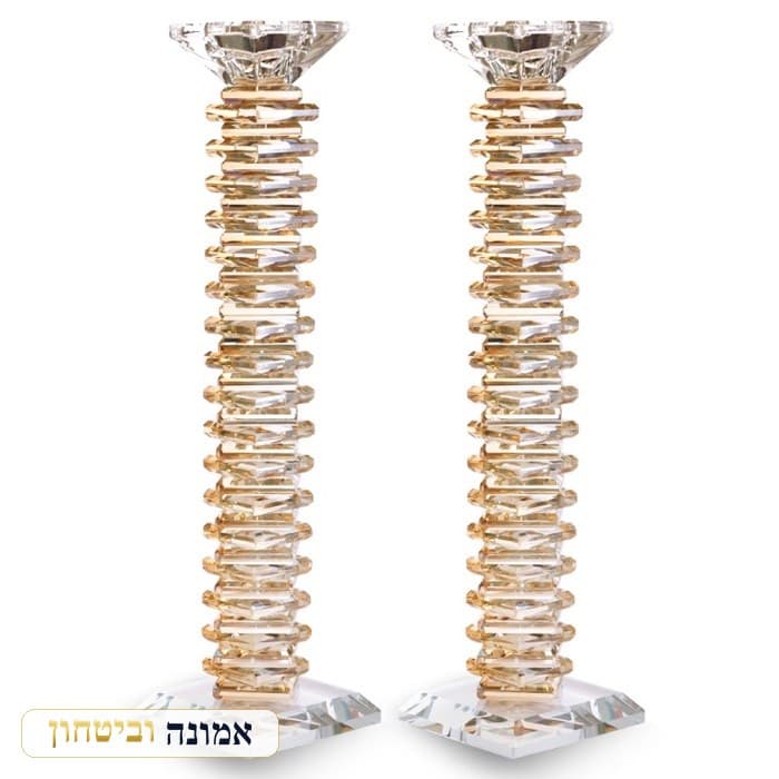 זוג פמוטי קריסטל 32 ס"מ — טבעות ענבר — מבט ראשי