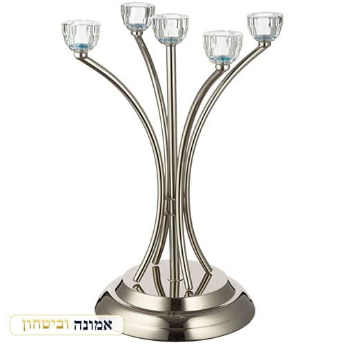 פמוט מתכת 5 קנים עם ראשי קריסטל 35 ס"מ — מבט ראשי