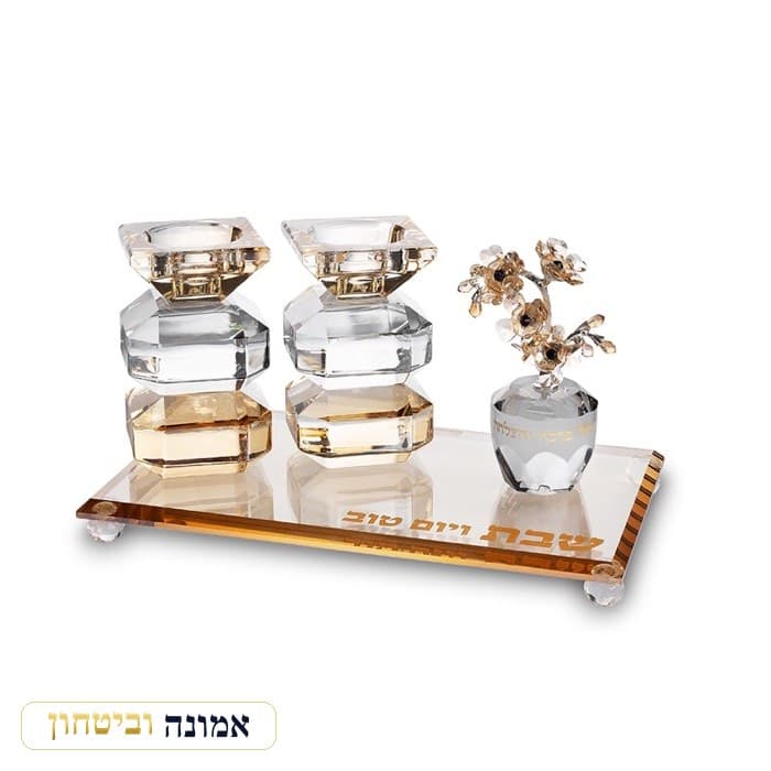 סט קריסטל מהודר הכולל מגש, פמוטים ואגרטל - גוון זהב ושקוף — מבט ראשי