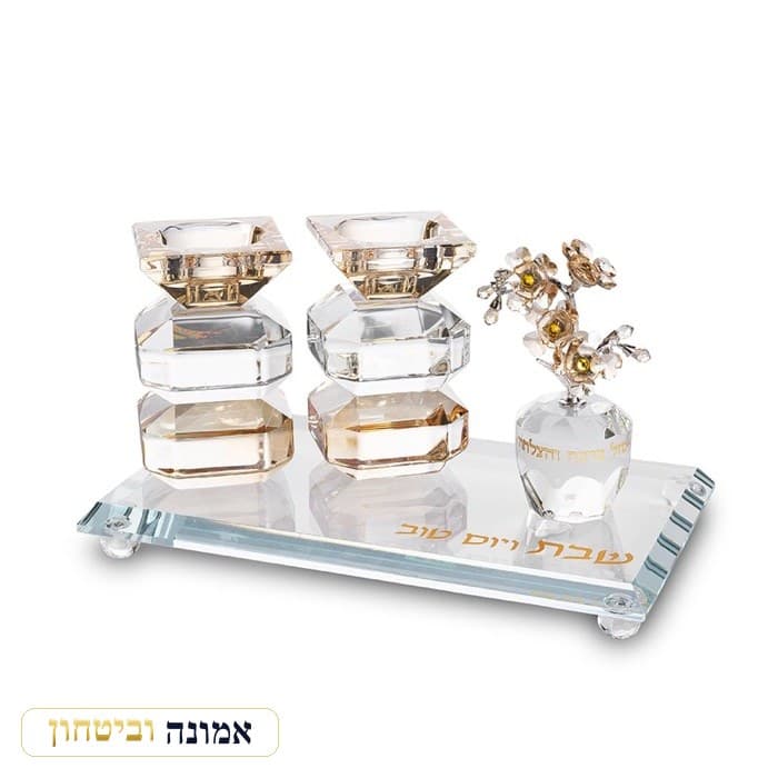 סט קריסטל מהודר הכולל מגש, פמוטים ואגרטל - גוון זהב ושחור — מבט ראשי