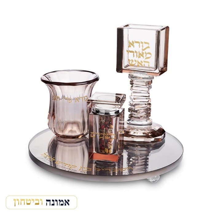סט הבדלה מהודר מקריסטל רוז גולד עם מגש שחור עגול 20 ס"מ — מבט ראשי