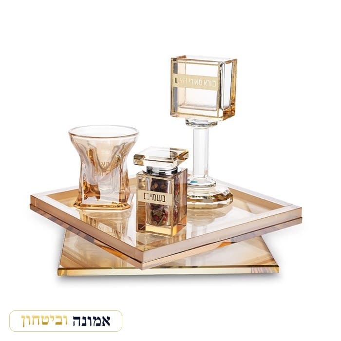 סט הבדלה קריסטל עם מגש מסתובב 20 ס"מ — ענבר וזהב — מבט ראשי