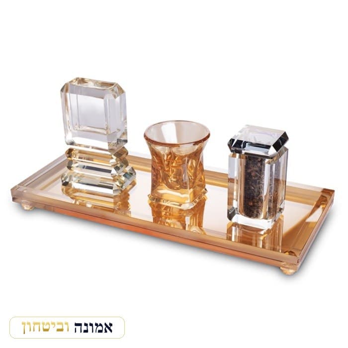 סט הבדלה קריסטל עם מגש 34x15 ס"מ — ענבר וזהב — מבט ראשי
