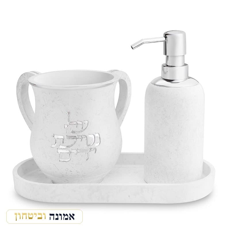 סט סבונייה ונטלה פולימר לבן — איור ילד בכסף, כולל מגש — מבט ראשי