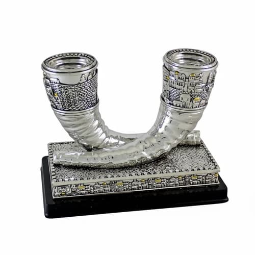 פמוטי שופר מהודרים מפוליריזין מוכסף עיטור "ירושלים" — מבט ראשי